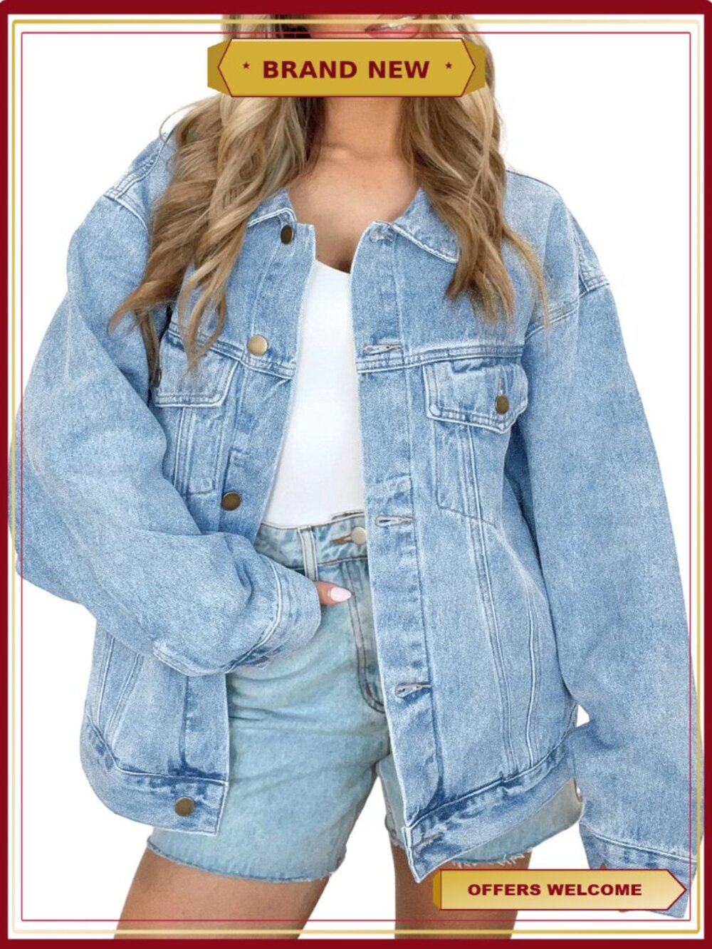 SUNBS Oversized Denim Jacket Women Loose Fit Button Down Jean Coat with Pockets